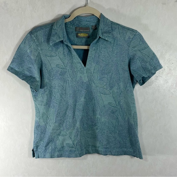 Greg Norman Collection Golf Blue Leaf Print Button Down Shirt Moisture Wicking - Picture 1 of 7